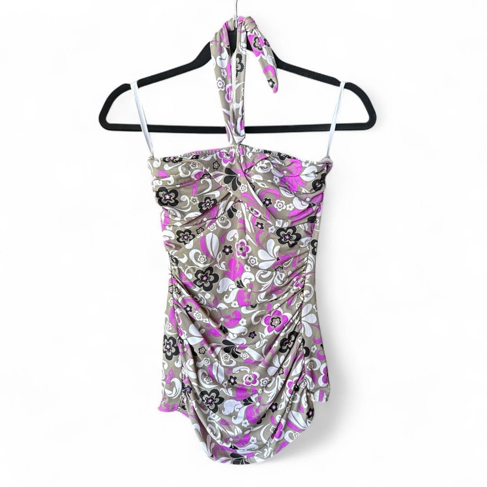 Floral Halter One-Piece Swimsuit - Pink and Gray